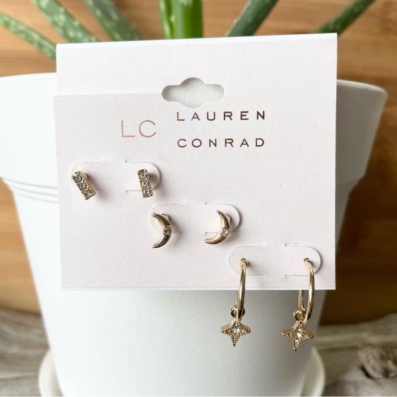 NWT LC LAUREN CONRAD Moon stud star hoop stud earrings, three pairs included - Picture 4 of 10